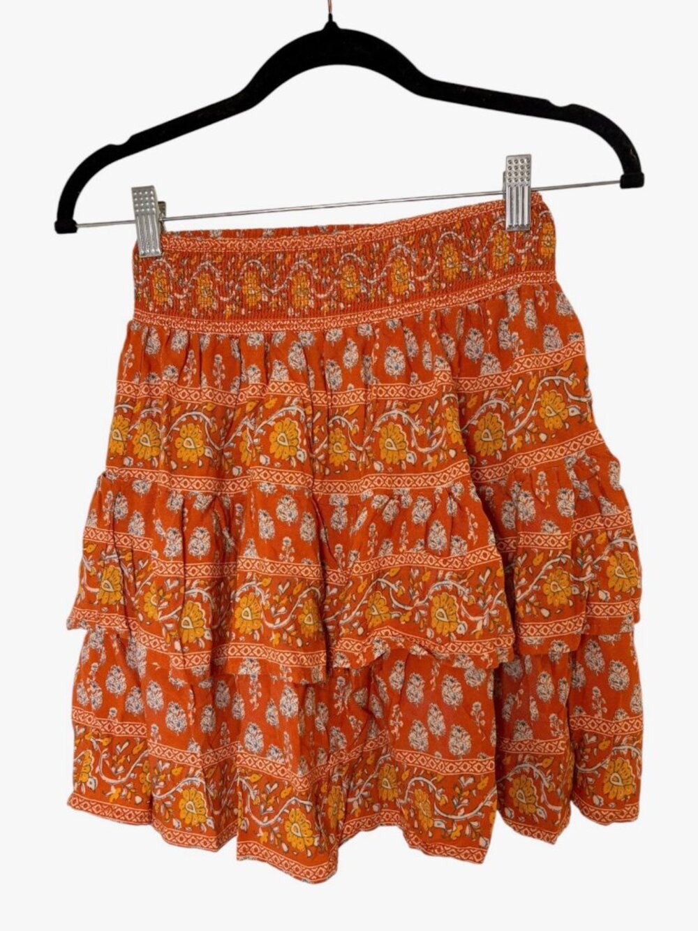 Nicole Miller Orange Floral Smocked Tiered Ruffle Mini Skirt Size Small